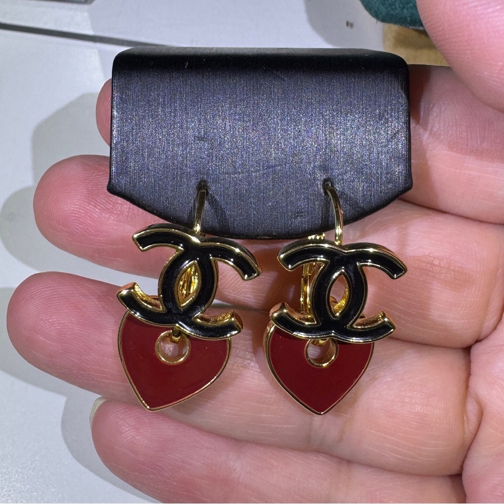 Gold-Tone CC Heart Drop Earrings in Red